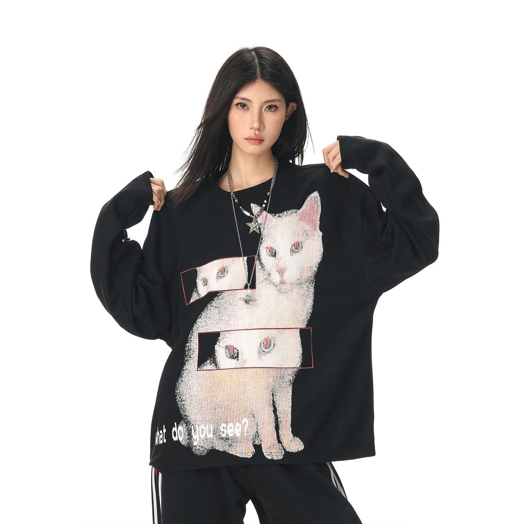 CTB啤酒队长秋冬新款美式猫咪印花华夫格长袖T恤时尚百搭卫衣上衣