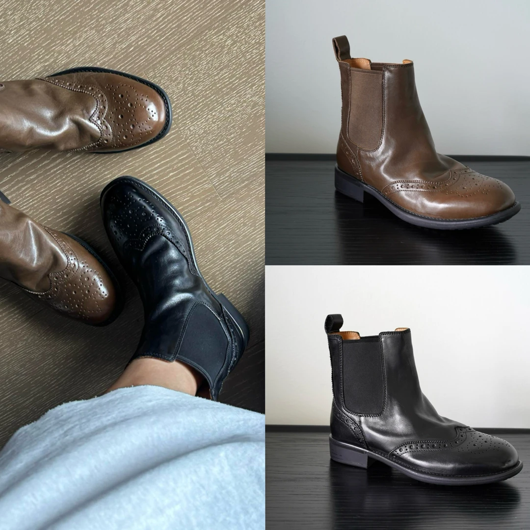 陪你走过三年五载短靴水洗牛皮圆头雕花英伦风切尔希双松紧女靴