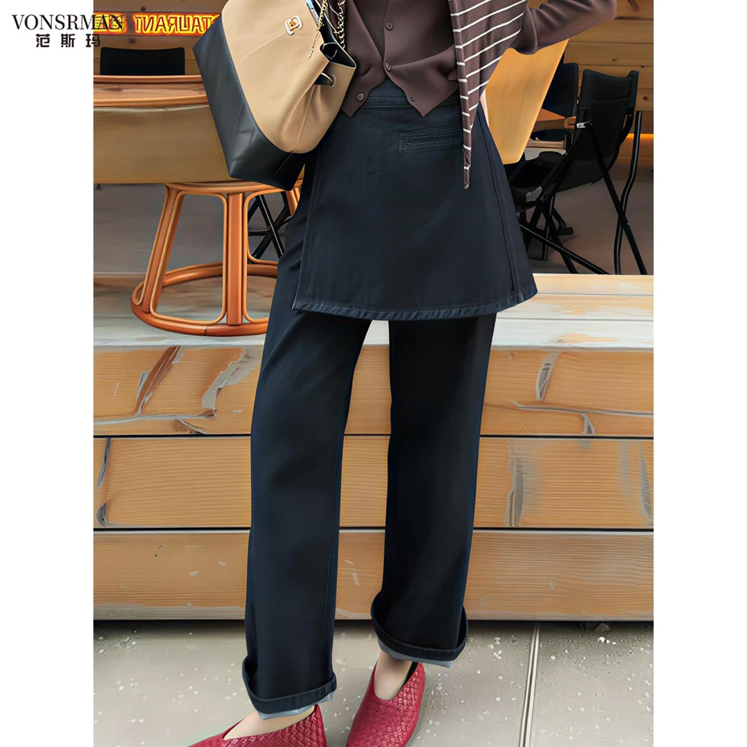 2025秋冬季新款韩系小众设计感假两件休闲裤女高腰时尚直筒长裤子