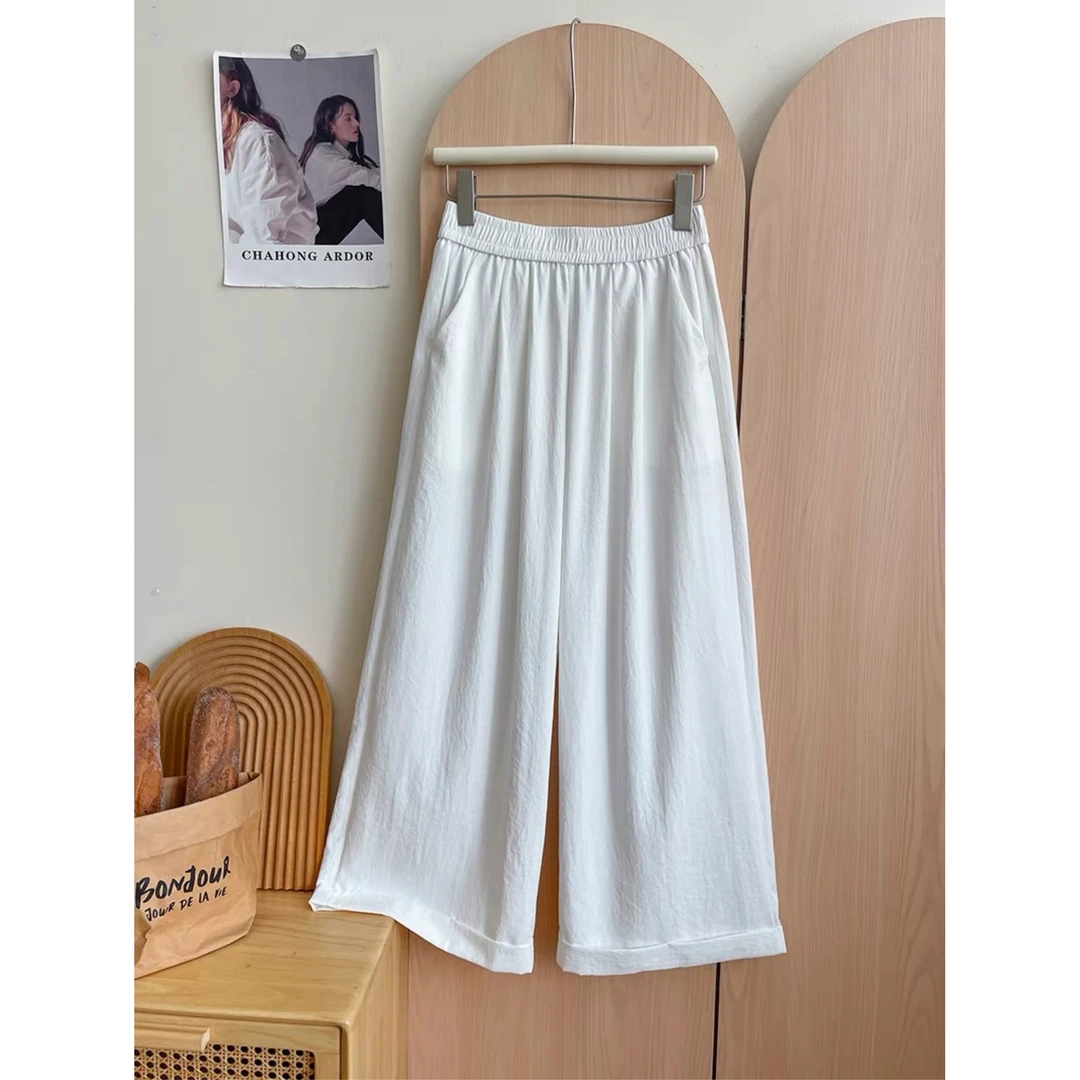 日韩系复古翻卷边速干冰爽凉凉阔腿裤女夏宽松直筒防晒空调休闲裤