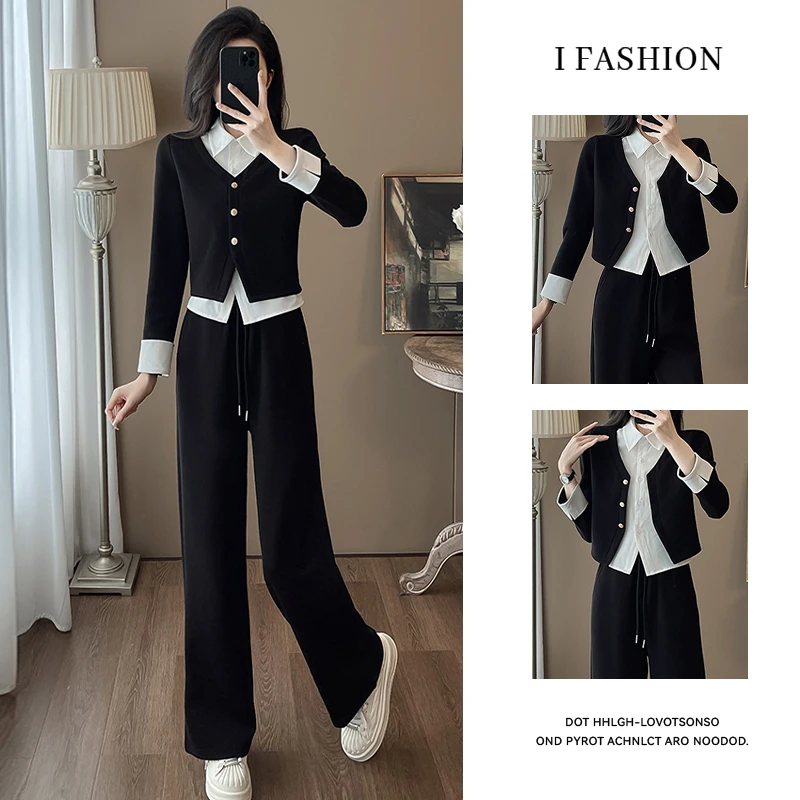 高含棉韩系时尚运动套装女2025年春秋新款假两件上衣阔腿裤两件套