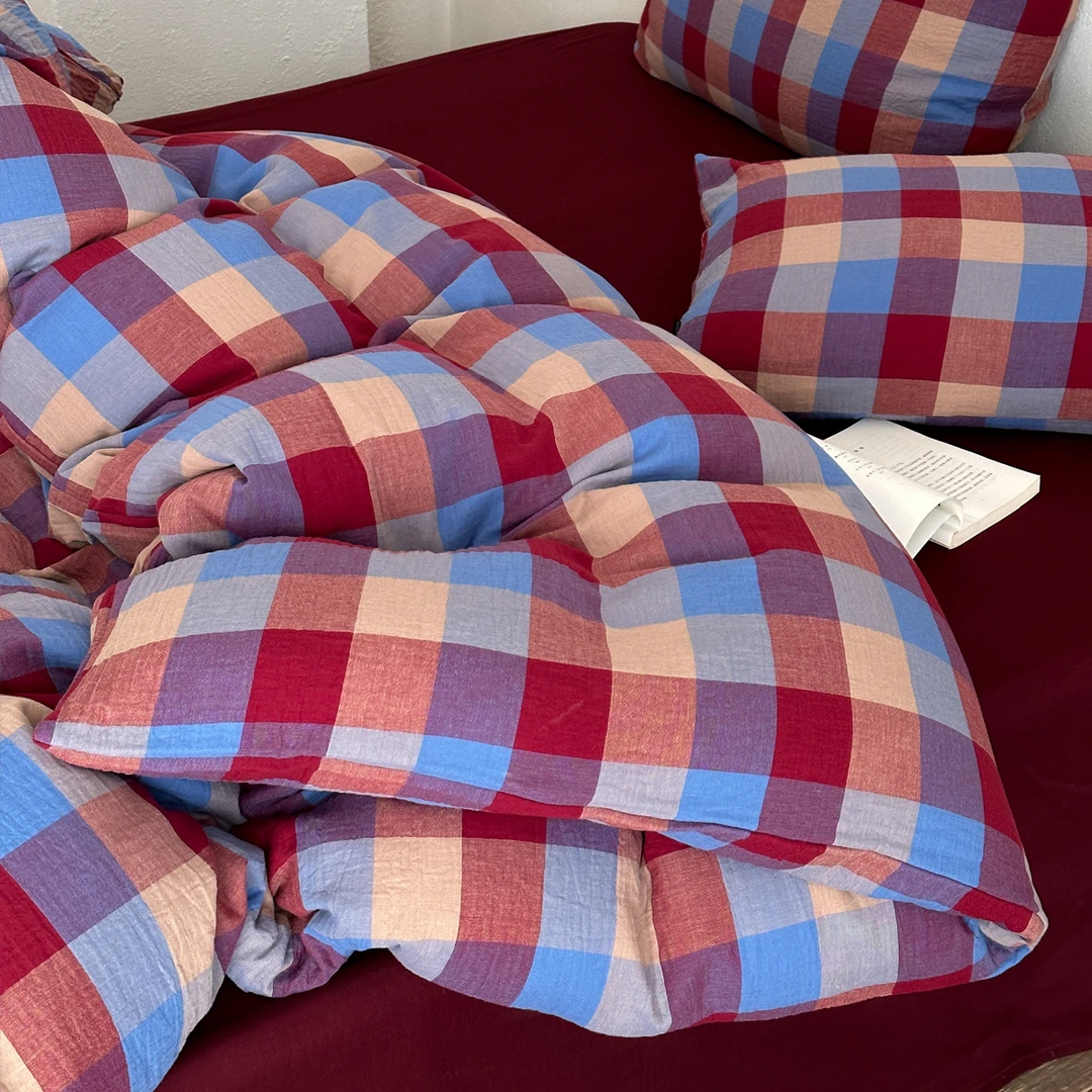 幸屿  色织纯棉双层纱格子简约风舒适裸睡亲肤柔软床品四件套