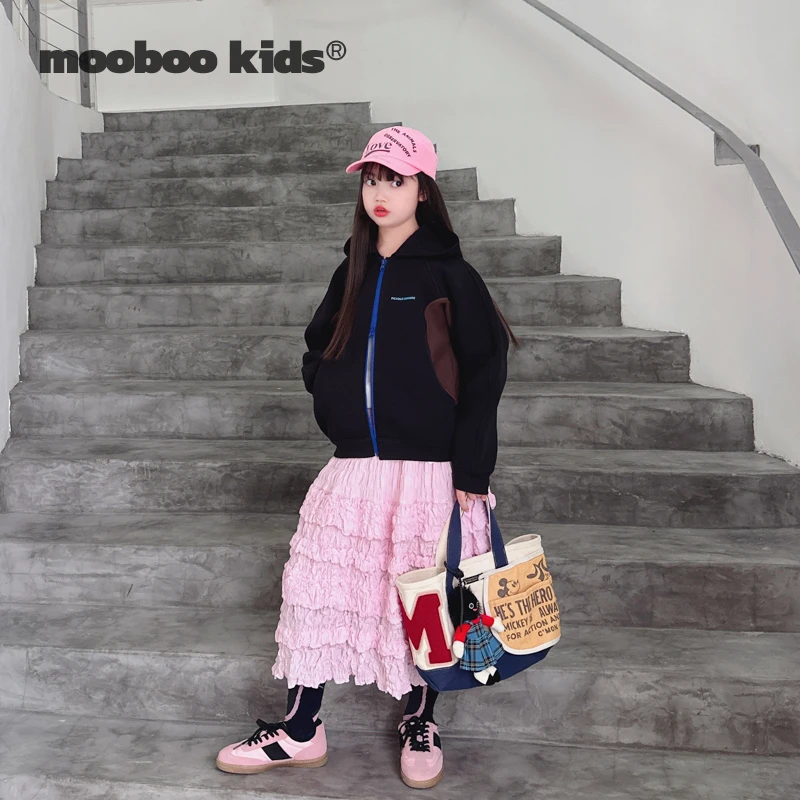 压褶纹理泡泡芍药粉伞裙+拼色早春双拉链头撞色运动风黑外套儿童