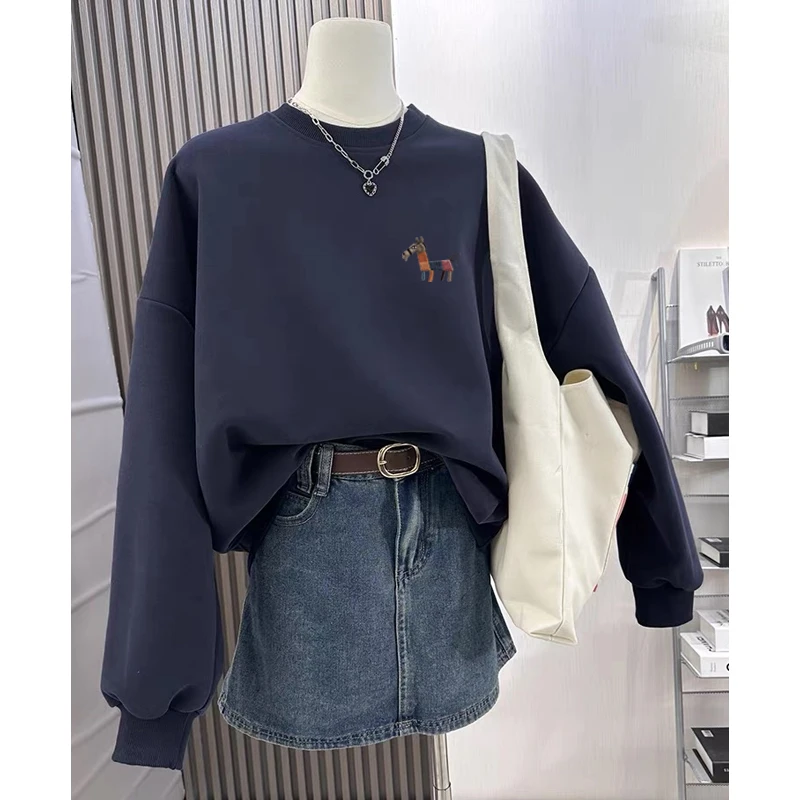 圆领套头打底衫加绒加厚卫衣女2025秋冬新款宽松韩版外套春秋薄款