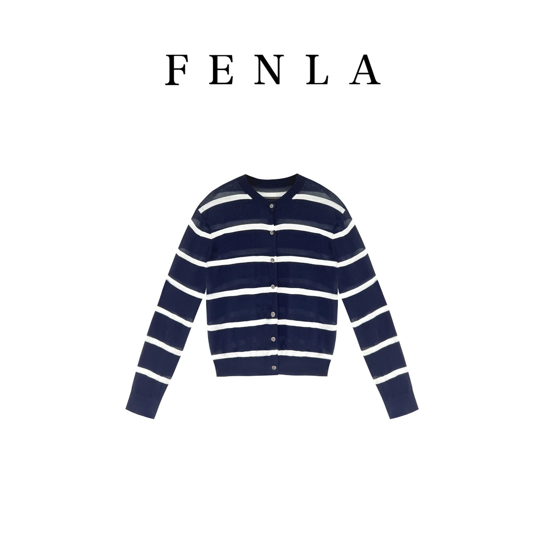 【惠姐私服】设计感条纹微透V领开叉袖口针织开衫外套 83809