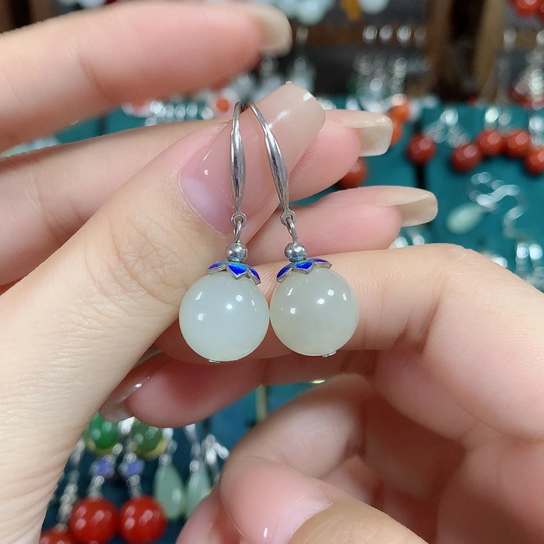 和田玉耳饰银S925镶嵌卡12左右