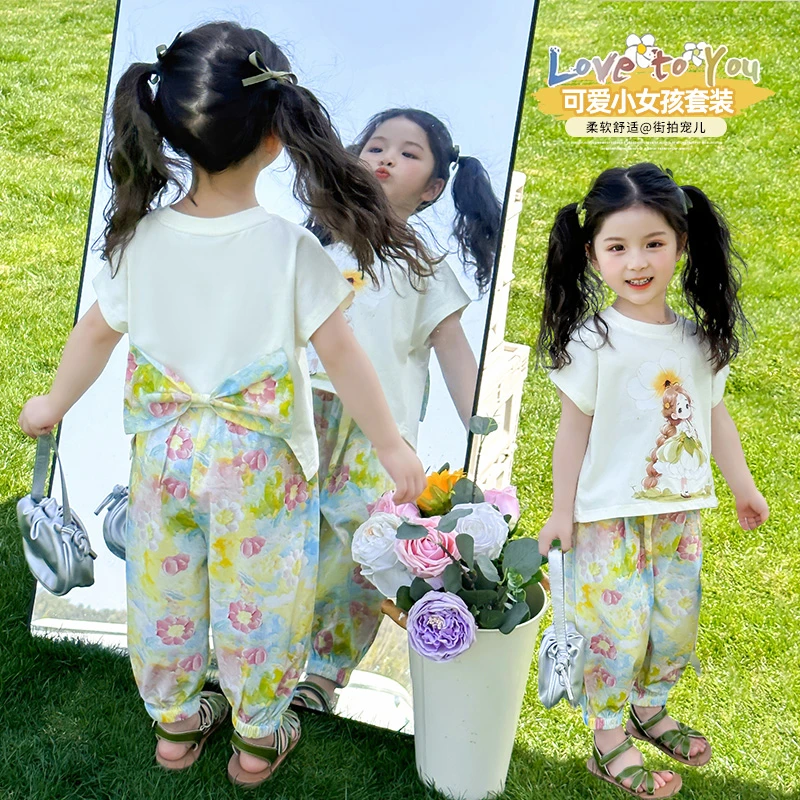 女童短袖T恤套装洋气儿童夏季新款女宝宝碎花防蚊裤两件套小女孩