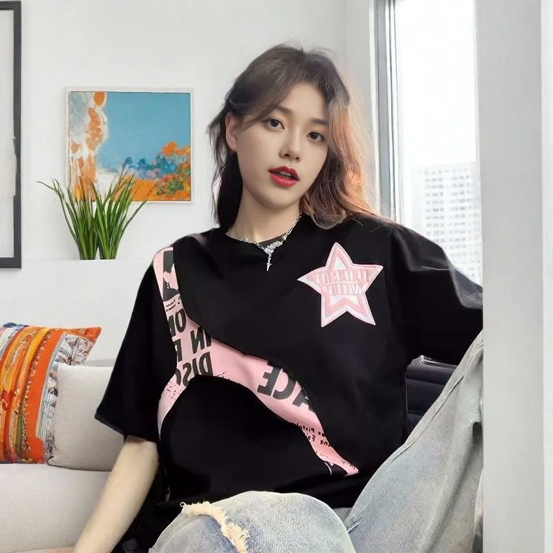大码300斤美式复古拼接星星印花短袖纯棉T恤男女宽松情侣潮流上衣