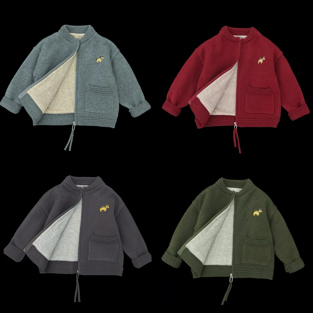 【小蛋壳】【加绒加厚】冬季新年红色针织韩版口袋外套男女宝同款保暖