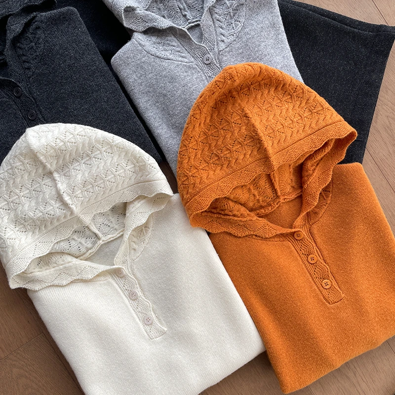 W3011【丹姐家~钩花帽衫~】100%羊毛！韩系慵懒风连帽针织衫