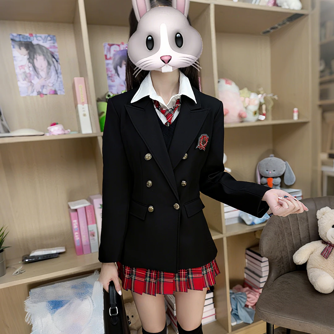 星叶高双排扣西装套装秋冬新款原创jk背心百褶裙日系学生装收腰