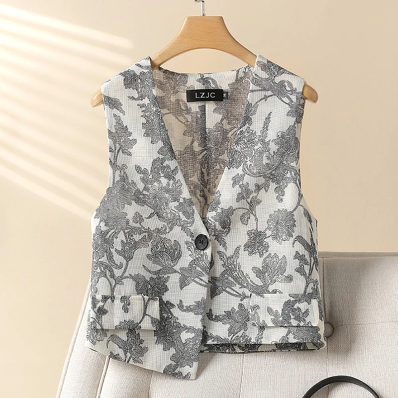 小个子短款印花网纱开衫马甲女2025夏季百搭洋气复古透气马夹背心