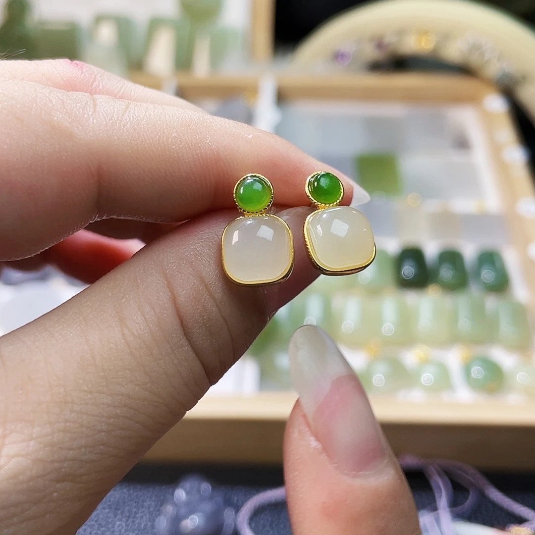 和田玉银S925镶嵌耳饰