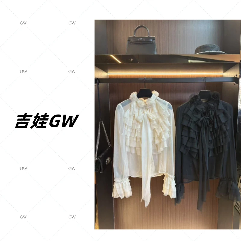 GW新款v领简约蕾丝边设计百搭慵懒开衫上衣外套688232