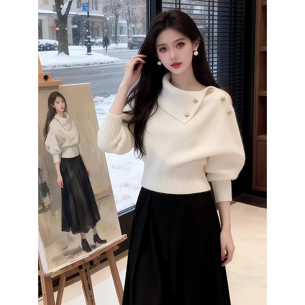 法式轻熟气质翻领针织衫女冬季设计感软糯加厚套头毛衣时尚上衣潮