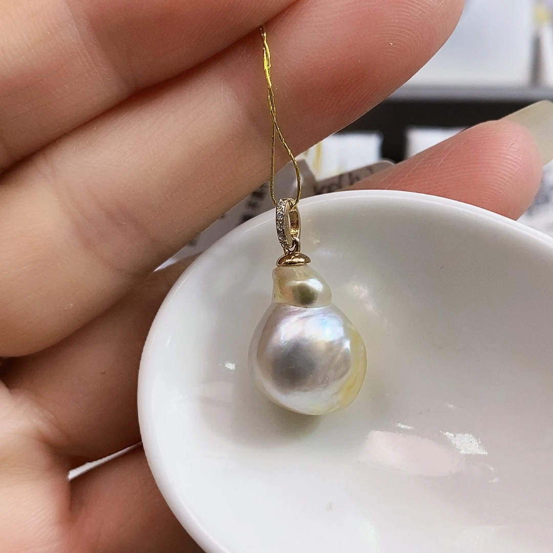 银S925镶嵌南洋澳白keshi鎏金海水珍珠海水珍珠