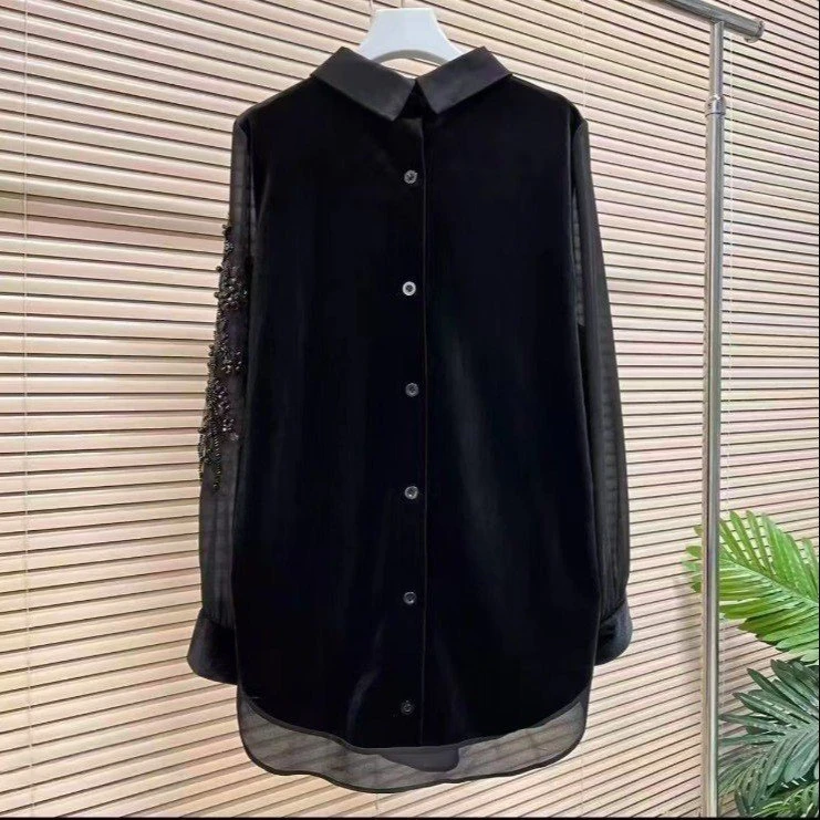 夏款春季新款韩版时尚重工手工钉珠拼接丝绒胖妈妈显瘦假两件上衣