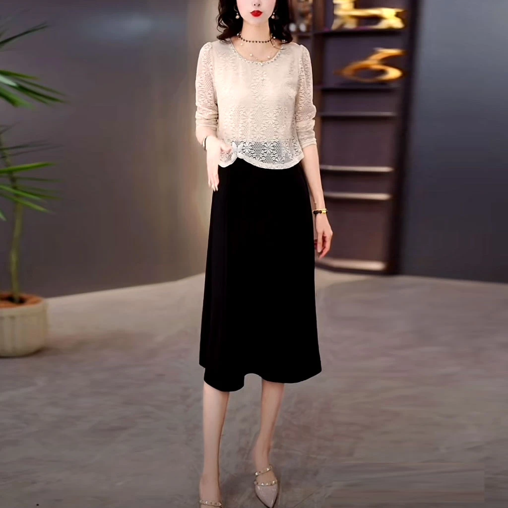 水溶蕾丝时尚气质减龄假两件连衣裙2025秋季新款修身遮肉洋气裙子