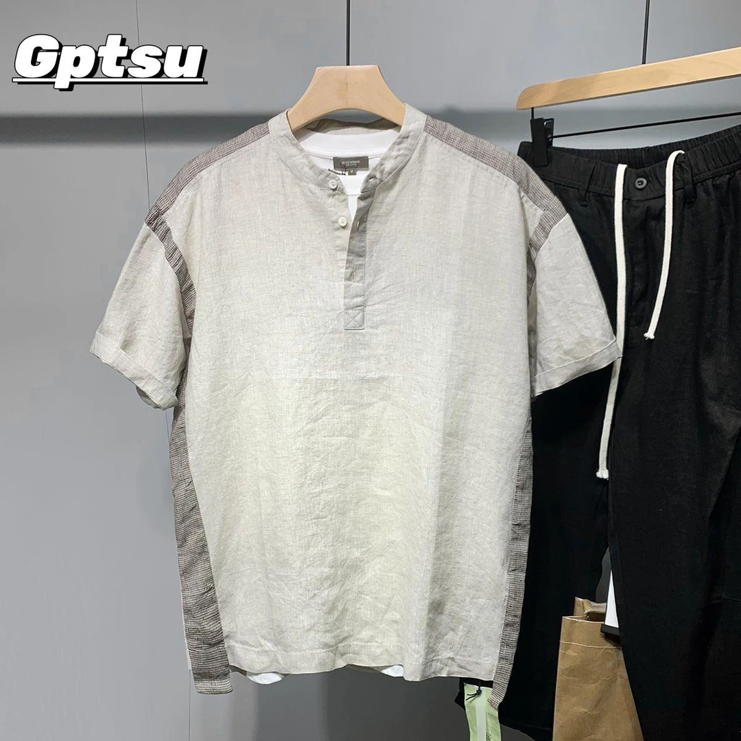 GPTSu夏季复古拼接亚麻短袖衬衫男时尚休闲百搭立领棉麻轻奢上衣
