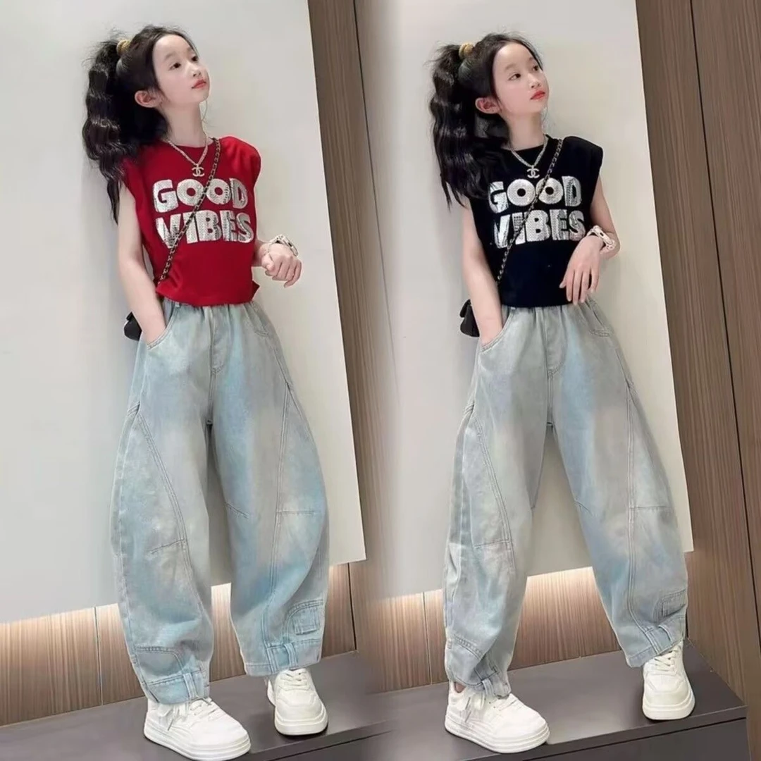 女童时尚亮片字母T恤2025夏季新款韩版儿童休闲牛仔裤潮流套装