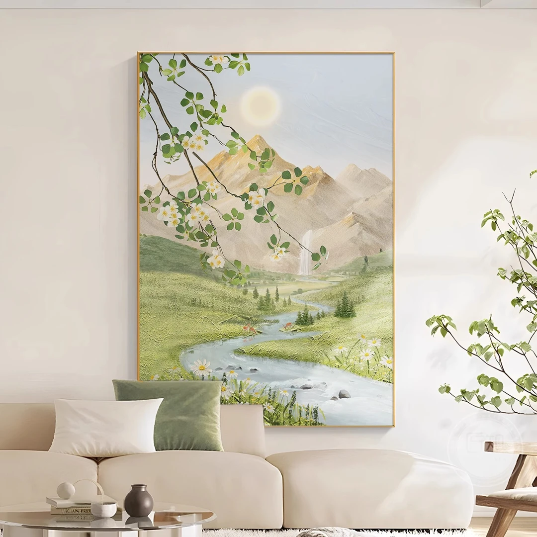 日照金山原木奶油风客厅装饰画事事如意沙发背景墙挂画入户玄关画