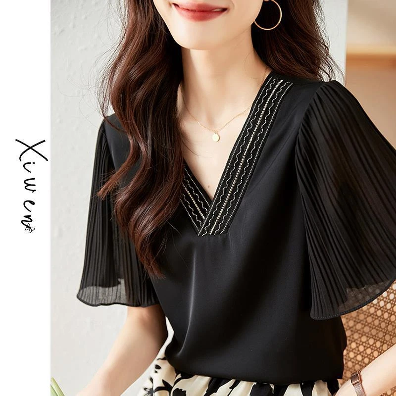 v领薄款短袖雪纺衬衫女夏款别致2024年夏季新款设计感小众T恤上衣