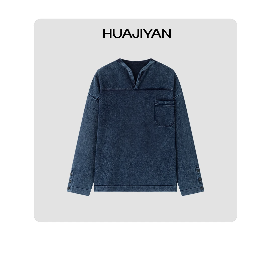 华吉言/HUAJIYAN【未来主义】100棉植物染蓝雪花纹理上衣毛衫