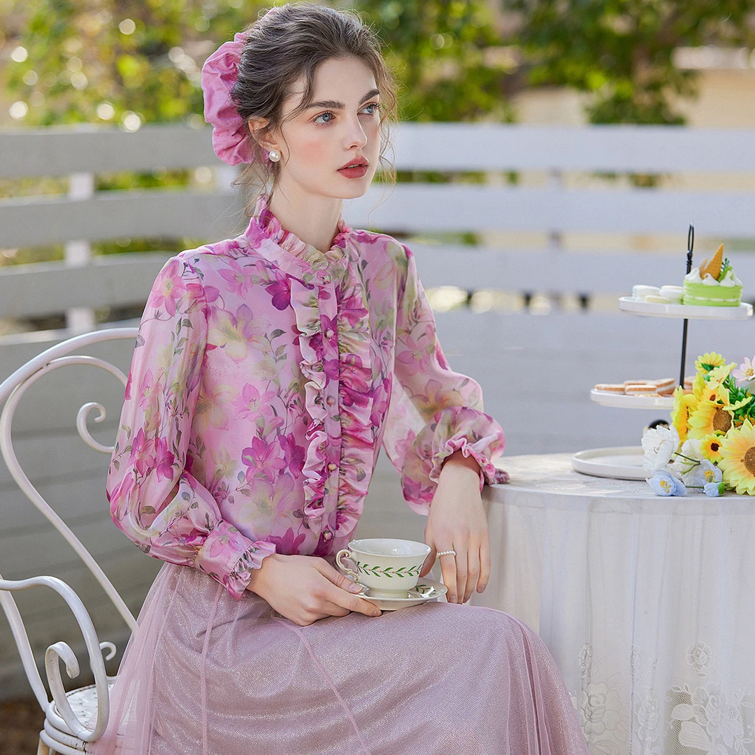 白鹿语25春温柔气质立领轻薄长袖女装衬衫WBY20098