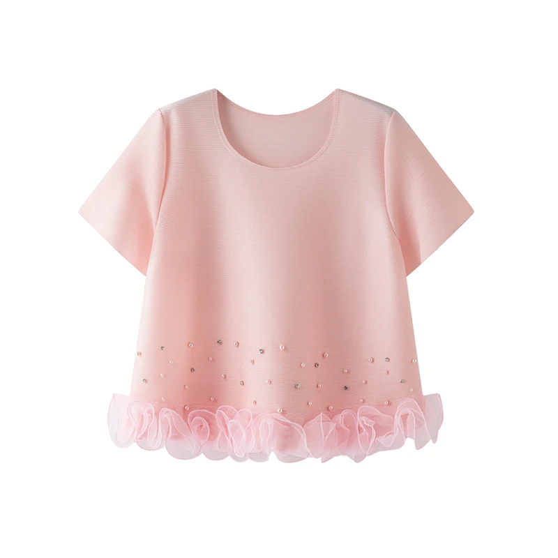 褶之初2025新款夏季三宅纯色圆领T恤时尚宽松大码显瘦短袖上衣女