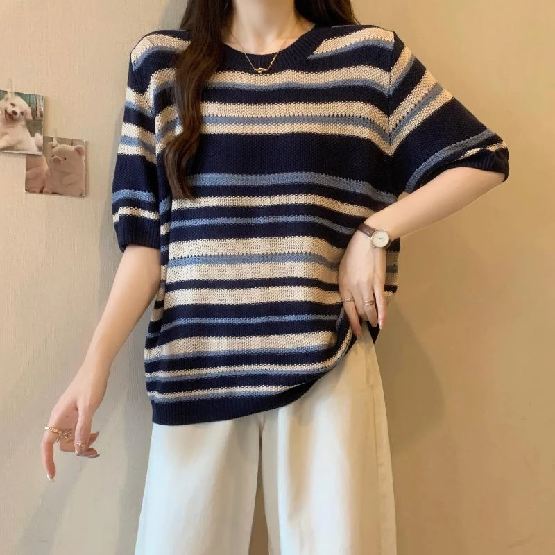 蓝色条纹针织衫冰丝短袖T恤女夏季新款大码胖妹妹宽松遮肚休闲上