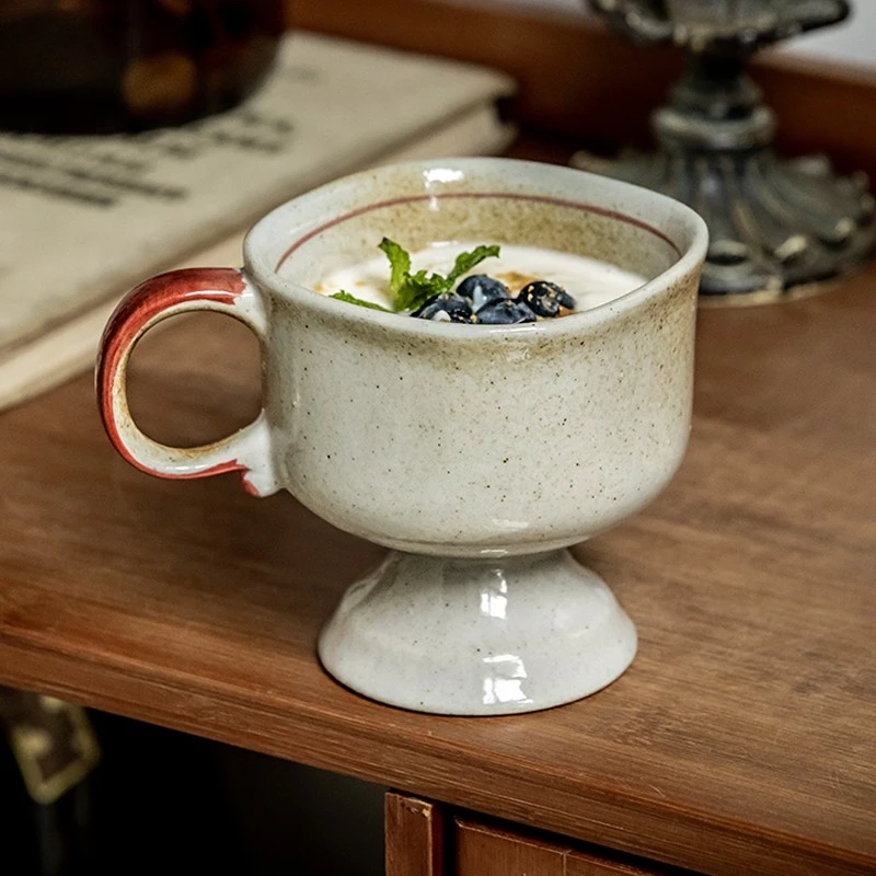 小悠家〖vintage日式粗陶高脚杯〗手作杯子陶瓷咖啡杯中古酸奶杯