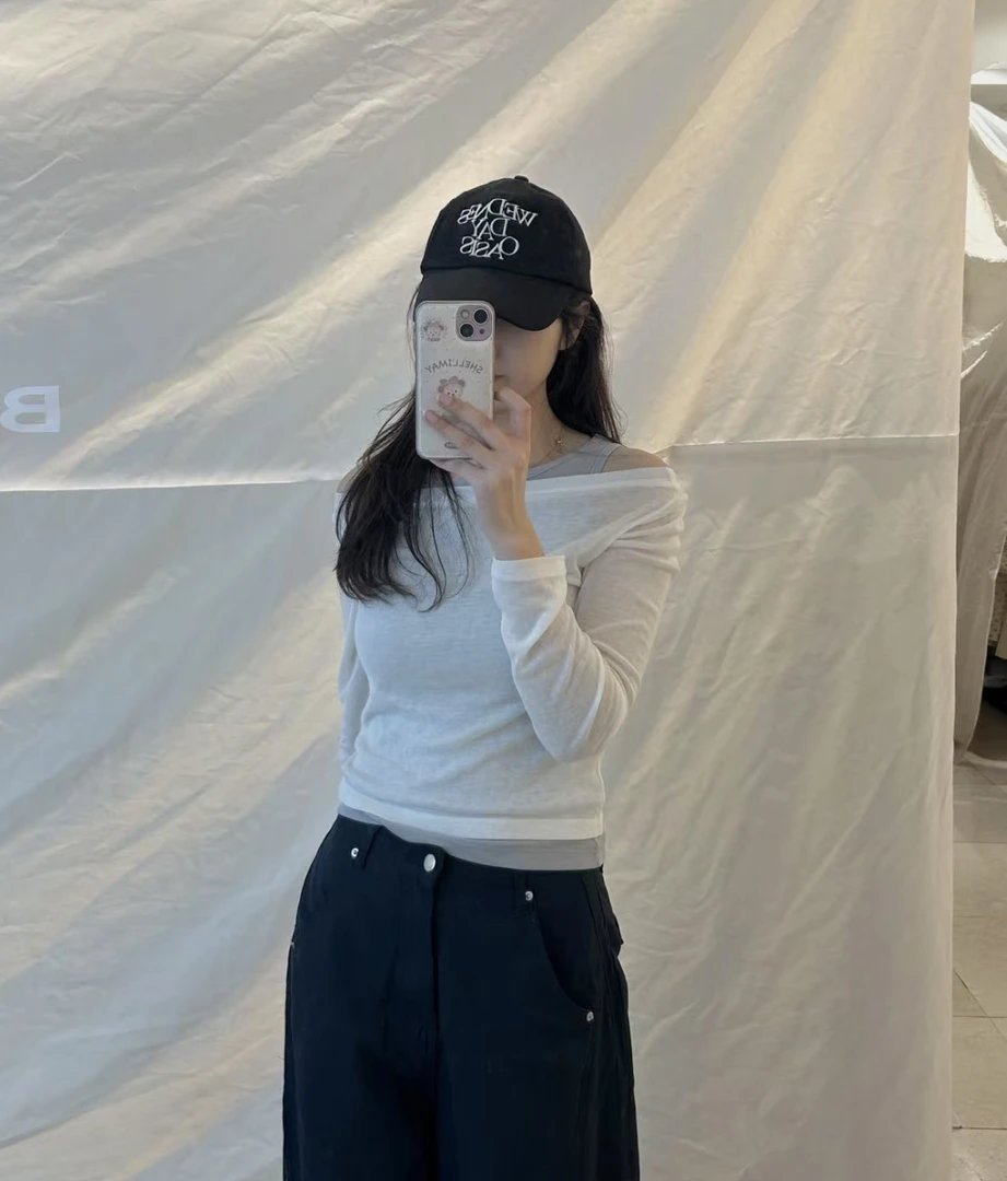 No退No换 壹韩国东大门女装2025春夏新款一字肩打底衫+背心女517d