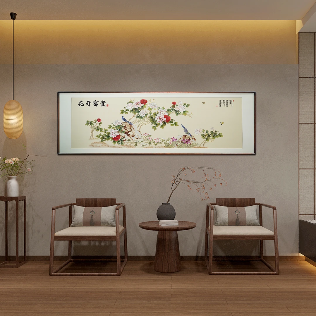 致绘描金《花开富贵》花卉牡丹装饰画卧室床头客厅餐厅墙面挂画