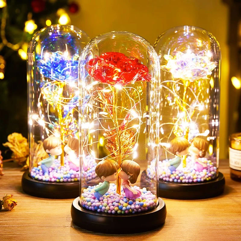 情人节520创意彩金仿品带灯永生玫瑰花礼盒套装情人