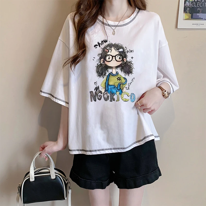 时尚宽松大码百搭短袖T恤女夏季韩版小个子设计显瘦纯棉卡通上衣