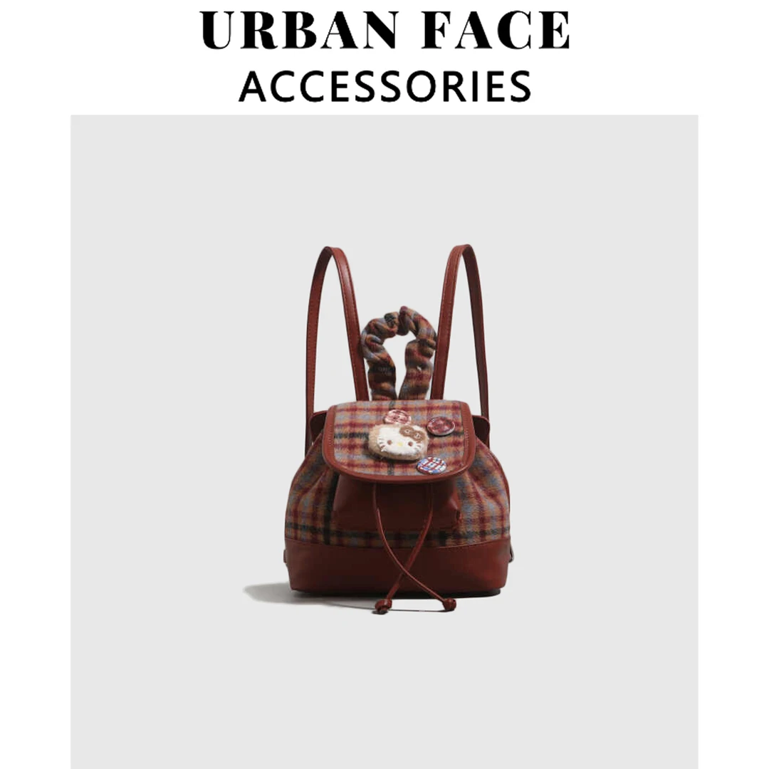【赵露思同款】URBAN FACE可爱少女心红色格子双肩包凯蒂猫学生背包