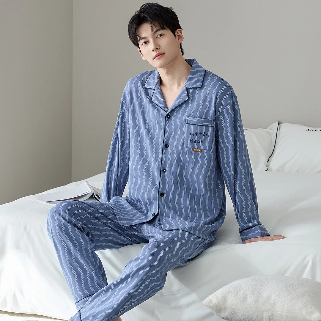 新款男士睡衣长袖秋冬季纯棉加大码宽松男款可外穿休闲家居服套装