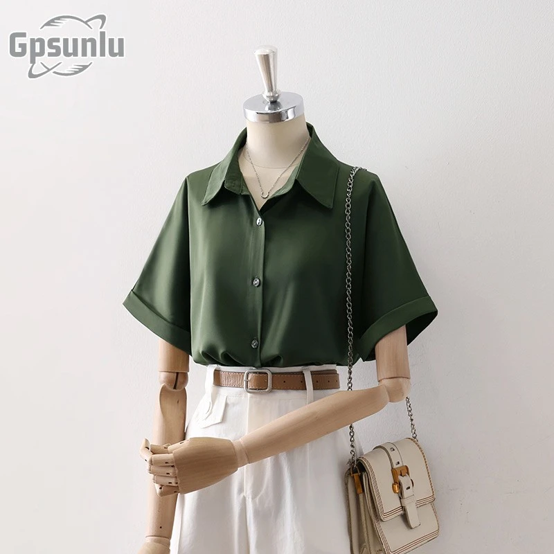gpsunlu港味职业复古翻领衬衫女气质宽松卷边短袖简约纯色衬衣