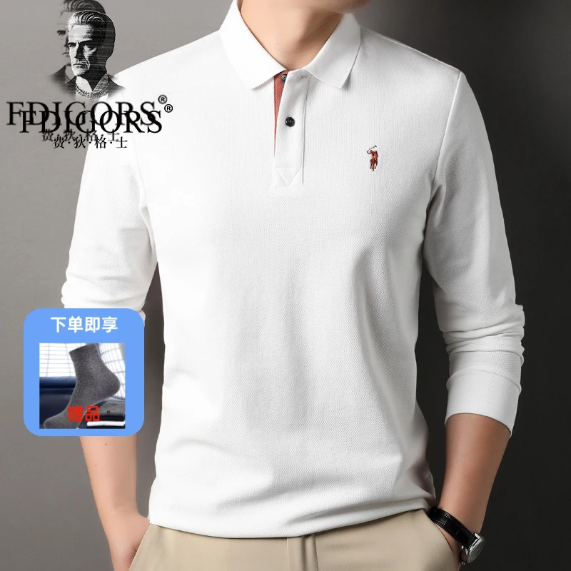 FDIGORS精梳棉长袖t恤男翻领刺绣粉紫色polo衫潮中年