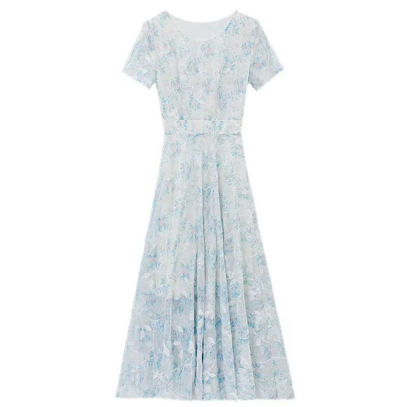 法式套头春季夏季碎花韩版雪纺连衣裙女装印花短袖