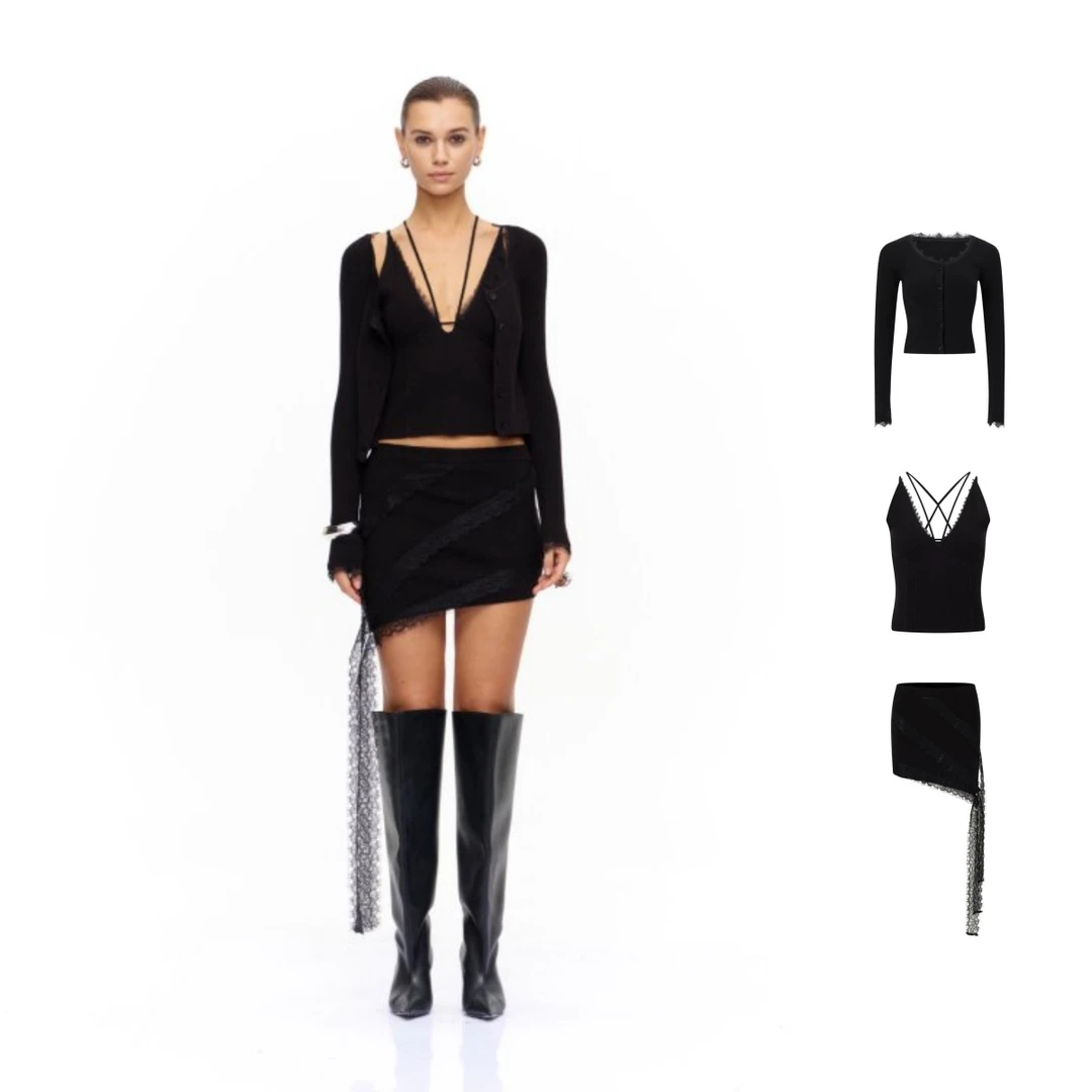 CNLEEWEI  25秋季新深V蕾丝毛织结构吊带/拼接毛织开衫/毛织短裙