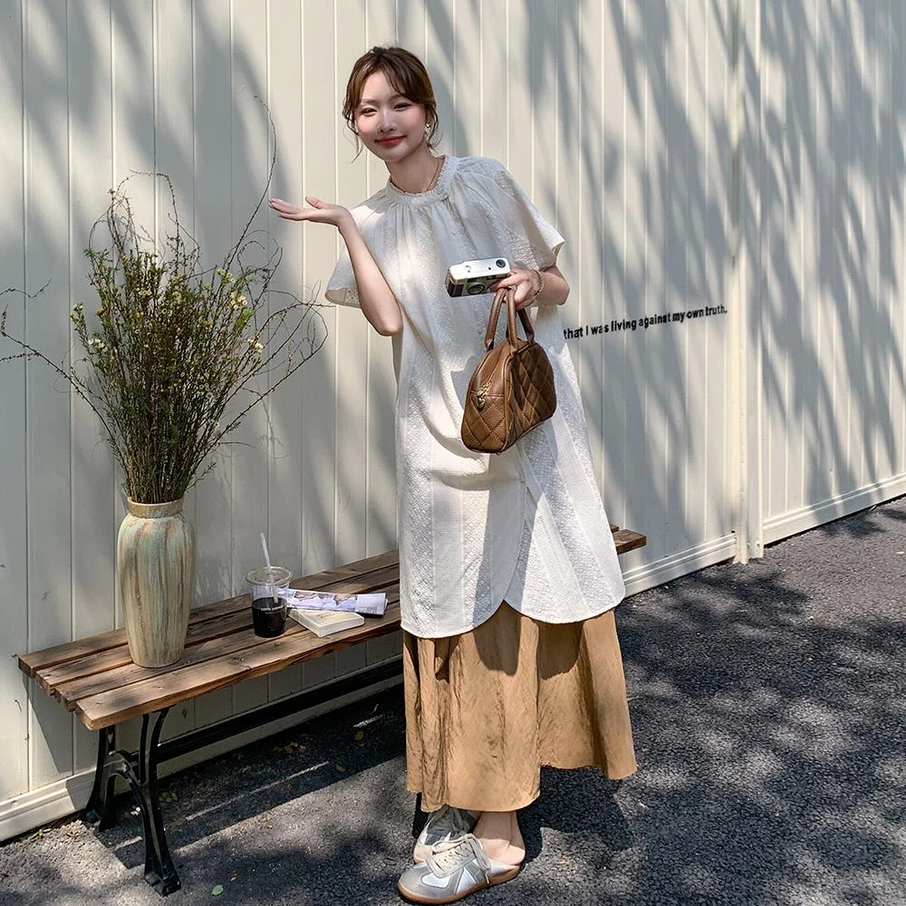 日系白色宽松开叉衬衫中长裙两件套女装夏季超好看半身裙休闲套装