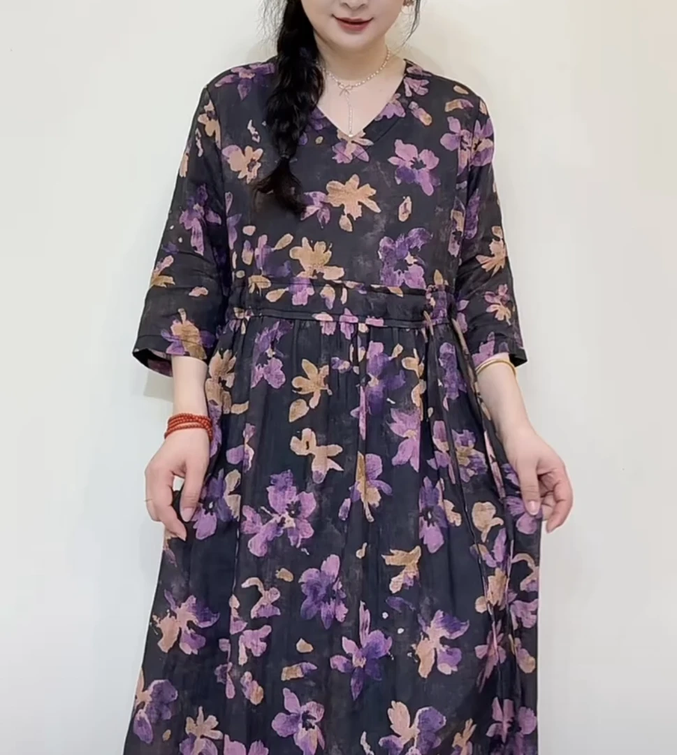 西缺夏季苎麻女装宽松连衣裙V领时尚花苞腰A字收腰印花宽松显瘦