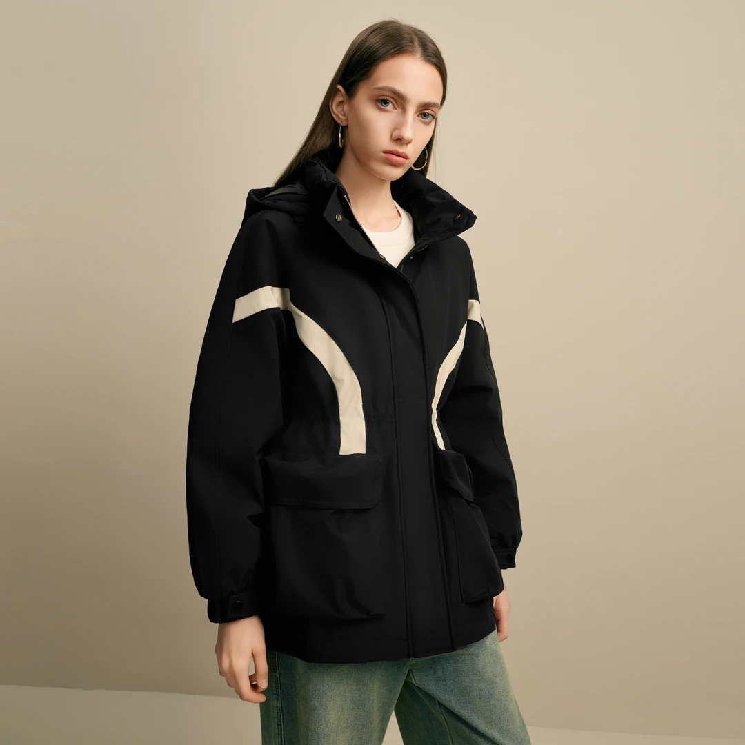 Elva’Island冬季黑色羽绒服户外休闲连帽加绒加厚防风保暖