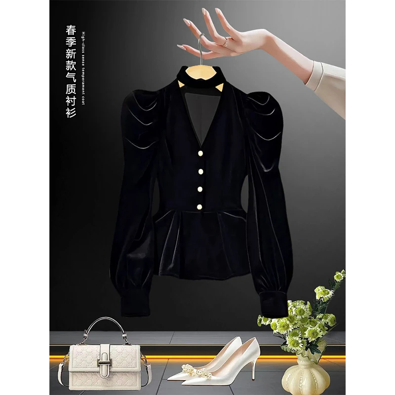 黑色丝绒收腰衬衫2025年新款小衫法式轻奢高级感独特漂亮气质上衣