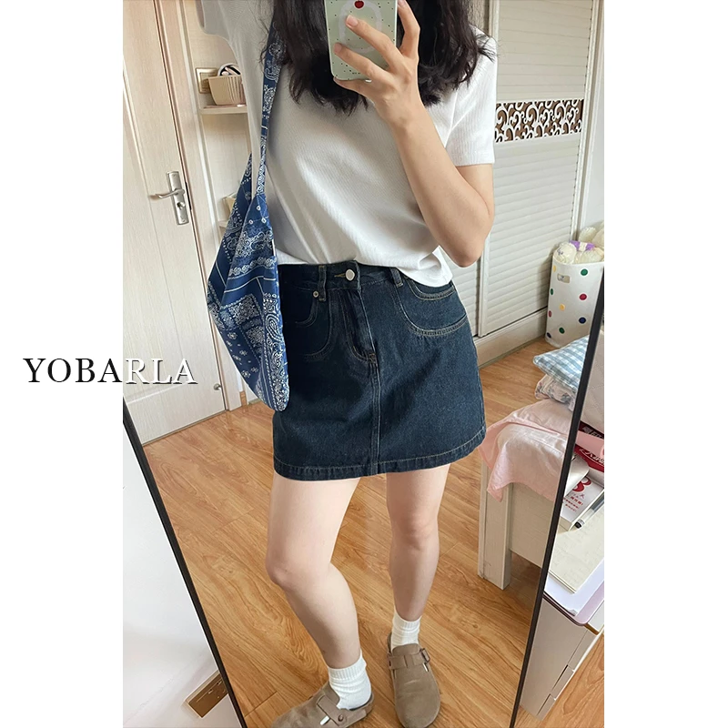 深蓝色高腰牛仔短裙女秋冬新款大码胖mm遮肚显瘦小个子a字半身裙