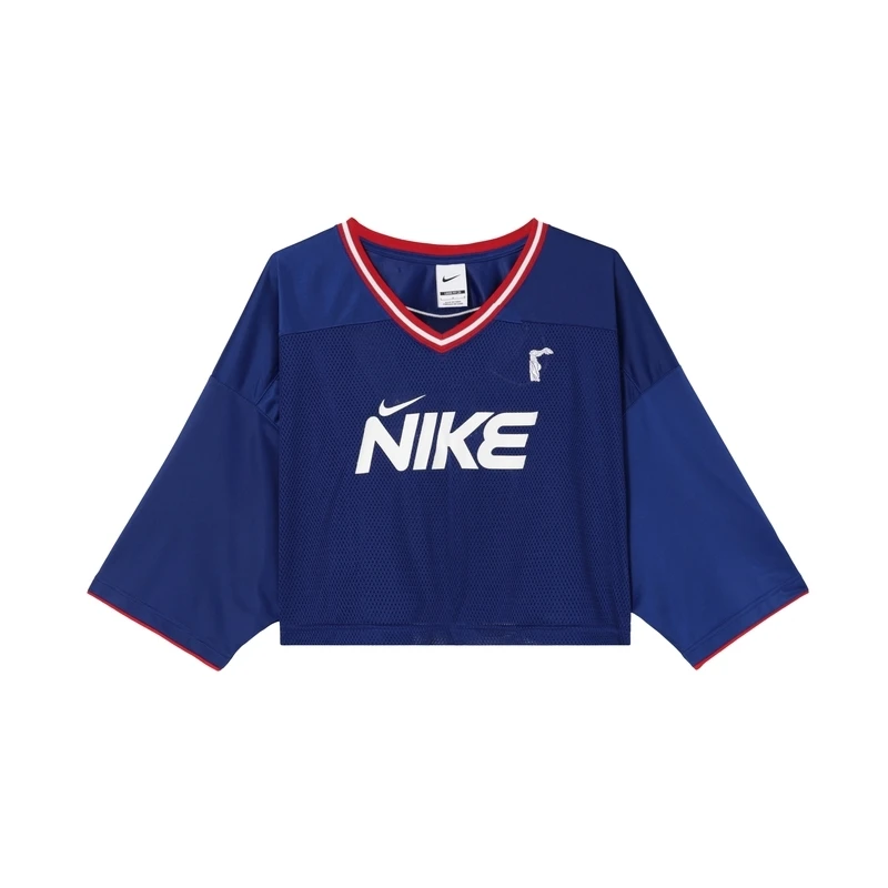 耐克短袖女夏新款网眼透气休闲运动印花高腰短款V领T恤HF6288-133