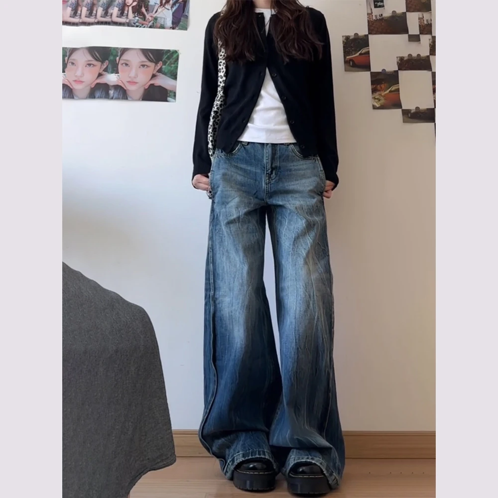 水洗蓝做旧阔腿牛仔裤女夏季新款美式复古休闲低腰直筒拖地长裤子