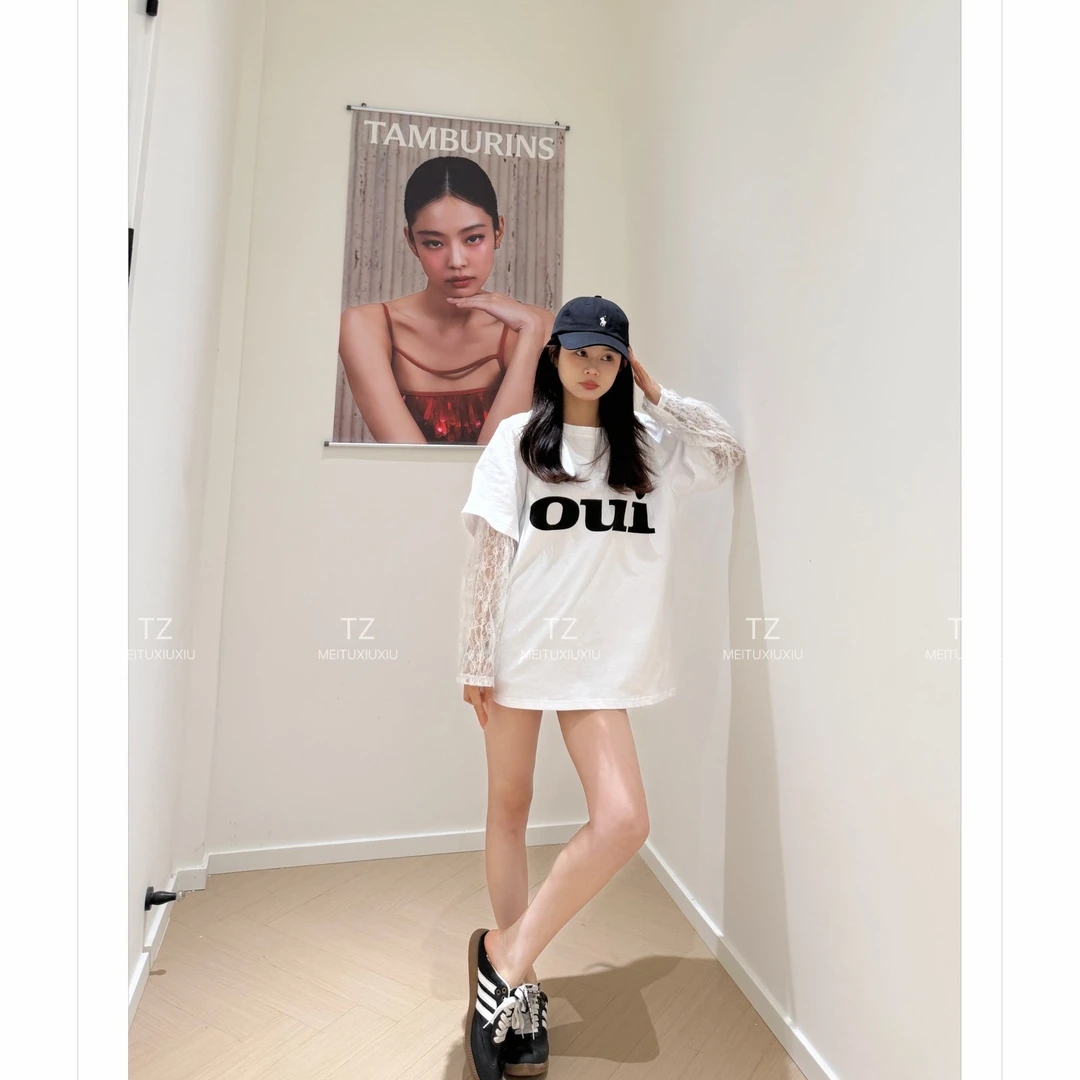 【婷子定制】~150小个子改版夏款韩系宽松印花蕾丝拼接上衣C167