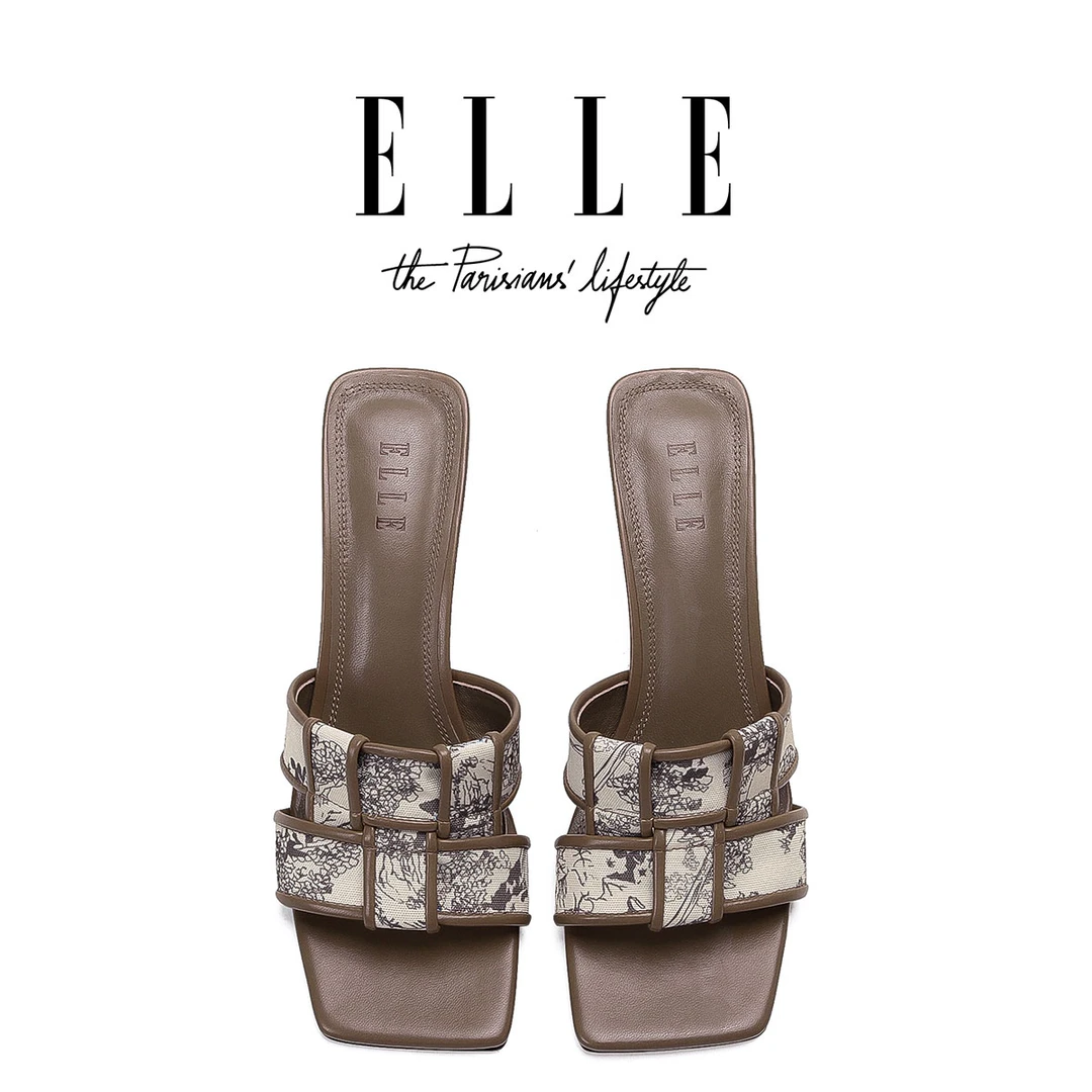 ELLE真皮黑色法式高跟露趾凉鞋女2025夏季外穿编织方头时尚一字拖